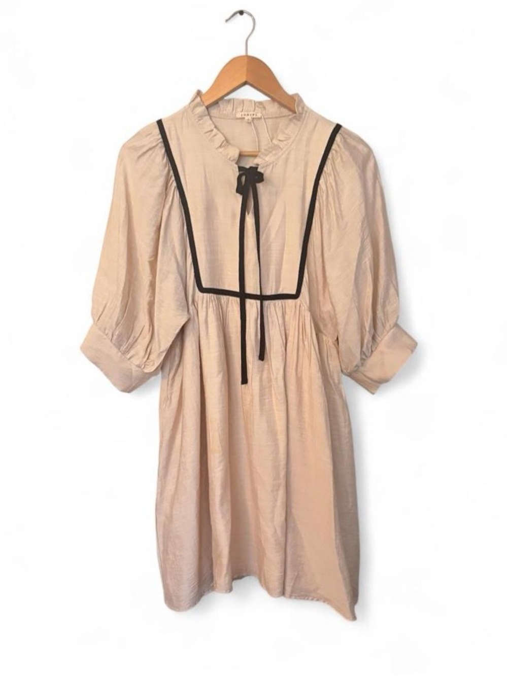 Jodifl Beige Puff Sleeve Smock Dress with Black Trim & Ties S French Cottagecore